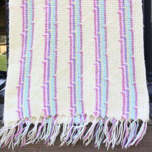 Vintage 80's Handmade Retro Crochet Throw Afghan Blanket Cream Pink Blue Green